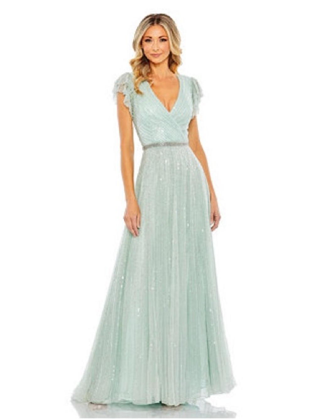 Mac duggal Sequined Wrap Over Ruffled Cap Sleeve Gown $698 5502